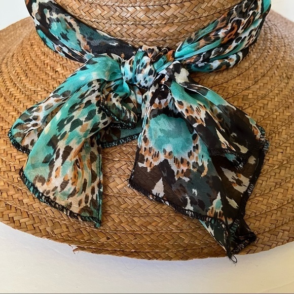Kathy Jean woven hat with wide brim and multicolor fabric band with bow detail main image 2